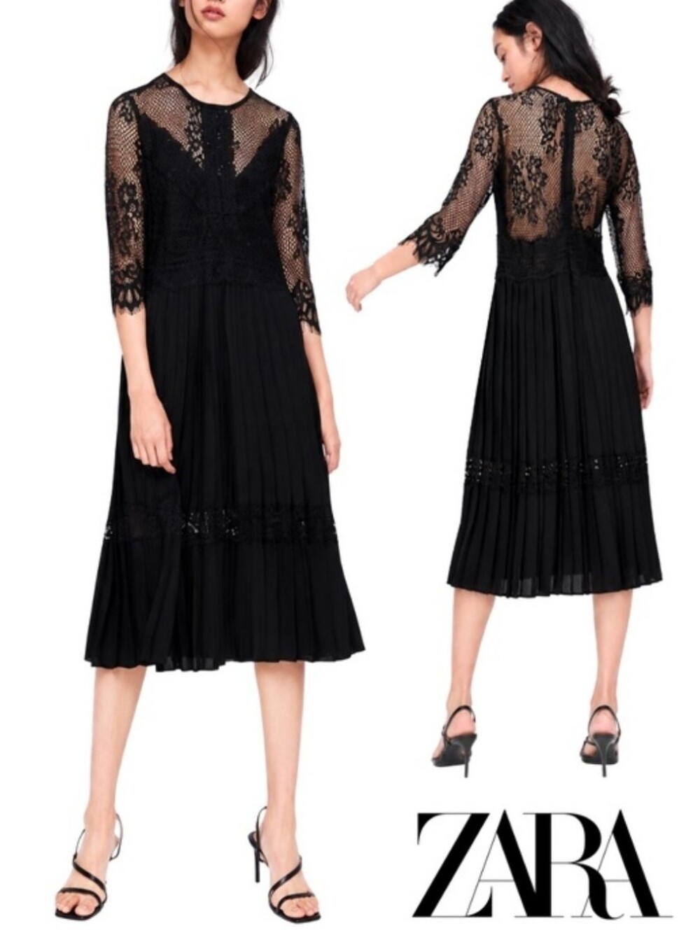 ZARA Black Lace Pleated Midi Dress
